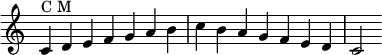 
{
\override Score.TimeSignature #'stencil = ##f
\relative c'
 {
  \clef treble \key c \major \time 7/4
  c4^\markup "C M" d e f g a b c b a g f e d c2
 }
}
