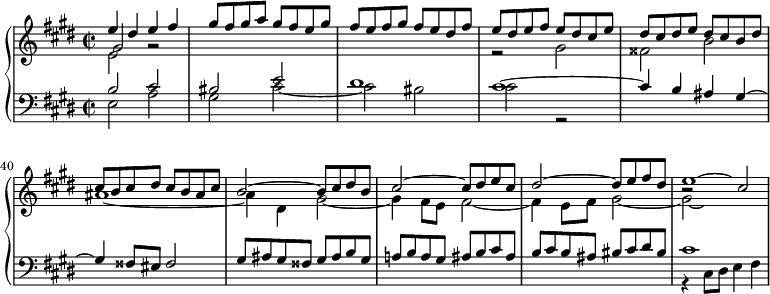 
\version "2.18.2"
\header {
  tagline = ##f
}
upper = \relative c'' {
  \clef treble 
  \key cis \minor
  \time 2/2
  \tempo 2 = 63
  \set Score.currentBarNumber = #35

    << { e4 dis e fis gis8 fis gis a gis fis e gis fis e fis gis fis e dis fis } \\ { e,2 } \\ { gis2 g2\rest } >>
    << { e'8 dis e fis e dis cis e dis cis dis e dis cis b dis cis b cis dis cis b ais cis } \\ { r2 gis2 fisis b ais1~ } >>
    << { b2~ b8 cis dis b cis2~ cis8 dis e cis dis2~ dis8 e fis dis e1*1/2~ \hideNotes e4 } \\ { ais,4 dis, gis2~ gis4 fis8 e fis2~ fis4 e8 fis gis2~ gis2*1/3~ \hideNotes gis1*1/4 } \\ { s1*3 b2\rest cis2 }  >>
    

}

lower = \relative c' {
  \clef bass
  \key cis \minor
  \time 2/2

    << { b2 cis bis2 e dis1 cis~ cis4 b ais gis~ gis fisis8 eis fisis2 } \\ { e2 a gis cis~ cis bis cis r2 } >>
    << { gis8 ais gis fisis gis ais b gis | a! b a gis  ais b cis ais | b cis b ais  bis cis dis bis } \\ {} >>
    << { cis1 } \\ { r4 cis,8 dis e4 fis } >>

}

\score {
  \new PianoStaff <<
    \new Staff = "upper" \upper
    \new Staff = "lower" \lower
  >>
  \layout {
    indent = #0
    \context {
      \Score
      \remove "Metronome_mark_engraver"
      \override SpacingSpanner.common-shortest-duration = #(ly:make-moment 1/2)
        }
  }
  \midi { }
}
