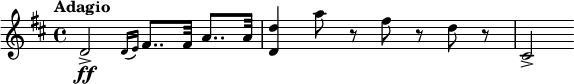 
\relative c' {
 \tempo "Adagio"
 \key d \major
 d2\ff-> \grace{ d16 [(e)] }fis8.. fis32 a8.. a32 | <d d,>4 a'8 r fis r d r | cis,2->
}
