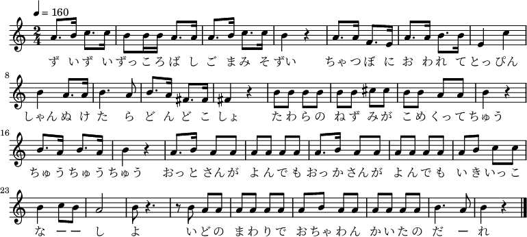 {
\key c \major \time 2/4  \tempo 4 = 160 \relative g' {
 a8. b16 c8. c16| b8 b16 b16 a8. a16| a8. b16 c8. c16| b4 r4|
 a8. a16 f8. e16| a8. a16 b8. b16| e,4 c'4| b4 a8. a16| b4. a8| b8. a16 fis8. fis16| fis4 r4|
 b8 b8 b8 b8| b8 b8 cis8 cis8| b8 b8 a8 a8| b4 r4|
 b8. a16 b8. a16| b4 r4|
 a8. b16 a8 a8| a8 a8 a8 a8| a8. b16 a8 a8| a8 a8 a8 a8|
 a8 b8 c8 c8| b4 c8 b8| a2|
 b8 r4.| r8 b8 a8 a8| a8 a8 a8 a8| a8 b8 a8 a8| a8 a8 a8 a8| b4. a8| b4 r4 \bar "|."
 }
\addlyrics {
ず い ず い ずっ こ ろ ば し
ご ま み そ ずい
ちゃ つ ぼ に お わ れ て
とっ ぴん しゃん
ぬ け た ら ど ん ど こ しょ
た わ ら の ね ず み が
こ め くっ て ちゅう
ちゅ う ちゅ う ちゅう
おっ と さん が よ ん で も
おっ か さん が よ ん で も
い き いっ こ な ー ー し よ
い ど の ま わ り で
お ちゃ わ ん か い た の だ ー れ
 }
}
