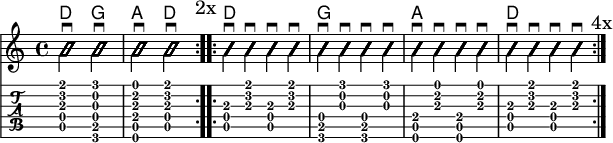 
\version "2.20.0"
\header {
  encoder="mjchael"
}

myChords = \new ChordNames { \chordmode {
    d2 g a d d1 g a d
}}

AA_D = {
  <a, d a>4 \downbow
  <a d' fis'> \downbow 
  <a, d a> \downbow
  <a d' fis'> \downbow 
}

AA_A = {
  <e, a, e>4 \downbow
  <a cis' e'> \downbow 
  <e, a, e> \downbow
  <a cis' e'> \downbow 
}

AA_G = {
  <g, b, d>4 \downbow
  <g b g'> \downbow 
  <g, b, d> \downbow
  <g b g'> \downbow 
}

myRhythm = {
  \repeat volta 2 { 
    <a, d a d' fis'>2 \downbow
    <g, b, d g b g'> \downbow
    <e, a, e a cis' e'> \downbow
    <a, d a d' fis'> \downbow
    \mark "2x"
  }
  \repeat volta 4 {
  \AA_D \AA_G \AA_A \AA_D \downbow
  \mark "4x"
}}

\score { << %layout
  \myChords
  \new Voice \with {
    \consists "Pitch_squash_engraver"
  }{
    \set Staff.midiInstrument = "acoustic guitar (nylon)"
    \improvisationOn
    \override NoteHead.X-offset = 0
    \myRhythm
  }
  \new TabStaff {
    \myRhythm
  }
>> \layout{} }

\score { << % midi
  \unfoldRepeats {
    \tempo 4 = 90
    \time 4/4
    \key d \major
    \set Staff.midiInstrument = #"acoustic guitar (nylon)"
    \myRhythm 
  }
>> \midi{} }

\paper {
  indent=0\mm
  line-width=180\mm
  oddFooterMarkup=##f
  oddHeaderMarkup=##f
  bookTitleMarkup=##f
  scoreTitleMarkup=##f
}
