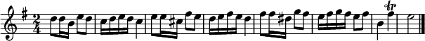 
\version "2.18.2"
\header {
  tagline = ##f
}

\score {
  \new Staff \with {

  }
<<
  \relative c'' {
    \key g \major
    \time 2/4
    \override TupletBracket #'bracket-visibility = ##f 

     %%%% Passage de « Rosalia mia cara »
     d8 d16 b e8 d c16 d e d c4 e8 e16 cis fis8 e d16 e fis e d4 fis8 fis16 dis g8 fis e16 fis g fis e8 fis b,4 fis'\trill e2 \bar "|."

  }
>>
  \layout {
    indent = #0
    %#(layout-set-staff-size 17)
     \context { \Score \remove "Metronome_mark_engraver" 
     \override SpacingSpanner.common-shortest-duration = #(ly:make-moment 1/2)
     }
  }
  \midi {}
}
