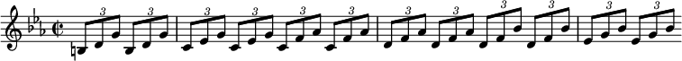 {
  \clef violin \key es \major \time 2/2 \tempo 4 = 60
  \set Score.tempoHideNote = ##t
  \autoBeamOff
  \partial 2 \tuplet 3/2 { b8[ d' g'] } \tuplet 3/2 { b8[ d' g'] }
  \tuplet 3/2 { c'[ es' g'] } \tuplet 3/2 { c'[ es' g'] } \tuplet 3/2 { c'[ f' as'] } \tuplet 3/2 { c'[ f' as'] }
  \tuplet 3/2 { d'[ f' as'] } \tuplet 3/2 { d'[ f' as'] } \tuplet 3/2 { d'[ f' bes'] } \tuplet 3/2 { d'[ f' bes'] }
  \tuplet 3/2 { es'[ g' bes'] } \tuplet 3/2 { es'[ g' bes'] }
}