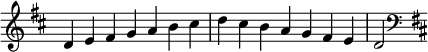  {
\override Score.TimeSignature #'stencil = ##f
\relative c' {
 \clef treble \key d \major \time 7/4 d4 e fis g a b cis d cis b a g fis e d2
 \clef bass \key d \major
} }
