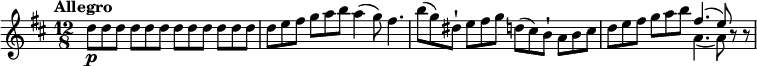 
\relative c' {
         \clef "treble" 
         \version "2.18.2"
         \tempo "Allegro" 
         \key d \major
         \time 12/8
        \tempo 4 = 130
                  d'8\p d d d d d d  d d d d d
                  d e fis g a b a4 (g8) fis4.
                  b8 (g) dis-! e fis g d (cis) b-! a b cis
                  d e fis g a  b << {fis4. (e8)} \\  {a,4. (a8)}>> r8 r8
}
