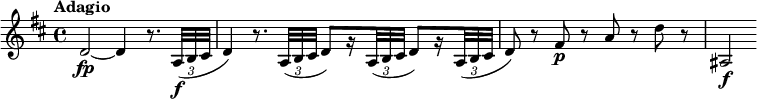 
\relative c' {
 \override Score.NonMusicalPaperColumn #'line-break-permission = ##f
 \key d \major
 \tempo "Adagio"
 \override TupletBracket #'direction = #-1
 \override TupletBracket #'stencil = ##f
 d2~\fp d4 r8. \times 2/3 { a32\f(b cis } |
 d4) r8. \times 2/3 { a32(b cis } d8)[ r16 \times 2/3 { a32(b cis] } d8)[ r16
 \times 2/3 { a32(b cis] } |
 d8) r fis\p r a r d r |
 ais,2\f
}
