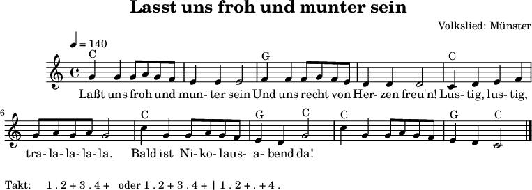 
X:2
T:Lasst uns froh und munter sein 
C:Volkslied: Münster
M:4/4
L:1/8
Q:1/4=140
Z: ccbysa mjchael (d.h. Copyright-frei)
K:Cmaj
"C"G2 G2 GA GF | E2 E2 E4 |"G"F2 F2 FGFE | D2 D2 D4 |
w:Laßt uns froh_ und_ mun-ter sein Und uns recht_ von_ Her-zen freu'n!
"C"C2 D2 E2 F2 | GAGA G4 | "C"c2G2GAGF | "G"E2D2"C"G4 |
w:Lus-tig, lus-tig, tra-la-la-la-la. Bald ist Ni-ko-laus-_a-bend da!
"C"c2G2 GAGF | "G"E2 D2 "C"C4 |] 
W: Takt:     1 . 2 + 3 . 4 +   oder 1 . 2 + 3 . 4 + | 1 . 2 + . + 4 .
