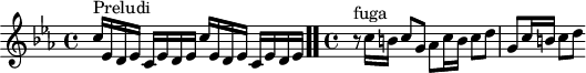 
\version "2.18.2"
\header {
  tagline = ##f
}

\score {
  \new Staff \with {
%fontSize = #-2
  }
<<
  \relative c'' {
    \key c \minor
    \time 4/4

     %% INCIPIT CBT I-2, BWV 847, ut mineur
     s4*0^\markup{Preludi} \repeat unfold 2 { c16 ees, d ees c ees d ees }  \bar ".."
     \time 4/4 
     r8^\markup{fuga} c'16 b c8 g aes c16 b c8 d g, c16 b c8 d
  }
>>
  \layout {
     \context { \Score \remove "Metronome_mark_engraver" 
     \override SpacingSpanner.common-shortest-duration = #(ly:make-moment 1/2) 
}
  }
  \midi {}
}
