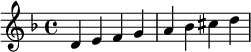  \relative c' { \clef treble\key d \minor d e f g | a bes cis d } 