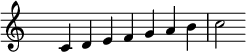 
    \relative c' {
        \clef treble \time 7/4 \hide Staff.TimeSignature
         c4 d e f g a b c2
    }
