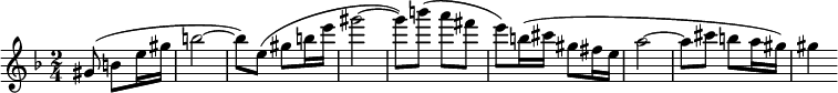 
 \relative c''
{
\clef treble \key f \major \time 2/4 \partial 8*3 gis8( b e16 gis b2~ b8) e,( gis b16 e gis2~ gis8) b( a fis e) b16( cis gis8 fis16 e a2~ a8 cis b a16 gis) gis4
}
