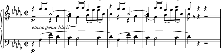 
{ \new PianoStaff <<
 \new Staff <<
  \new Voice { \set Score.tempoHideNote = ##t \tempo 2 = 55 \relative f'' {
 \voiceOne \clef "treble" \key des \major \stemUp \set Staff.midiInstrument = #"piano" \time 2/2 | % 1
 r4 \p _\markup{ \italic {etwas gemächlich} } f8 -. f8 -. as,2 ^~ | % 2
 as4 ges'8 -. ges8 -. es4 as4 -. | % 3
 r4 f8 -. f8 -. as,2 ^~ | % 4
 as4 ges'8 -. ges8 -. es4 -. as4 -. | % 5
 f4 -. r4 r } } % end of voiceOne
 \new Voice \relative f' {
 \voiceTwo \clef "treble" \key des \major \stemDown \time 2/2 | % 1
 r2 r4 f4 | % 2
 fes4 _( es4 ) -. ges8 _( es'8 ) es8 _( as,8 ) | % 3
 as4 r4 r4 f4 | % 4
 fes4 _( es4 ) ges8 _( es'8 ) es8 _( as,8 ) | % 5
 as8 r8 r4 r2 } >>
 \new Staff <<
  \new Voice { \set Staff.midiInstrument = #"piano" \relative as {
 \clef "bass" \key des \major \time 2/2
 r4 \p as4 (f'4 des4 | % 2
 c4 bes2 c4 | % 3
 des4 ) as4 (f'4 des4 | % 4
 c4 bes2 c4 | % 5
 des4 ) r4 r2 } } >>
>> }
