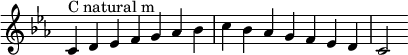  {
\override Score.TimeSignature #'stencil = ##f
\relative c' {
  \clef treble \key c \minor \time 7/4
  c4^\markup "C natural m" d es f g aes bes c bes aes g f es d c2
 }
}
