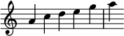  {
\override Score.TimeSignature #'stencil = ##f
\relative c'' {
  \time 5/4
  a4 c d e g | a
} }

