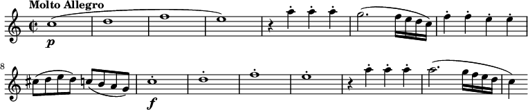 
\relative c'' {
  \version "2.18.2"
    \key c \major
    \time 2/2
    \tempo "Molto Allegro"
    \tempo 4 = 210   
  c1\p ( d f e)  
  r4  a4-. a-. a-.
   g2. (f16 e d c)
   f4-.  f-.  e-. e-.
   cis8 (d e d) c (b a g)
  c1-.\f  d-. f-. e-.
  r4  a4-. a-. a-.
   a2. (g16 f e d c4)
  }
