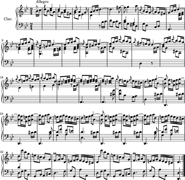 
\version "2.18.2"
\header {
  tagline = ##f
  % composer = "Domenico Scarlatti"
  % opus = "K. 196"
  % meter = "Allegro"
}

%% les petites notes
trillFqp       = { \tag #'print { f8.\prall } \tag #'midi { g32 f g f~ f16 } }

upper = \relative c'' {
  \clef treble 
  \key g \minor
  \time 2/4
  \tempo 4 = 82
  \set Staff.midiInstrument = #"harpsichord"

  \repeat volta 2 {
      s8*0^\markup{Allegro}
      \partial 8 g'8\rest | g4\rest \stemUp ees4 | d c | bes8 a4 g8 | a bes16 c \stemNeutral   d4~ |
      % ms. 5
      d4. fis8~ | fis g4 a8 | \appoggiatura c,16 bes8 a16 g \appoggiatura bes16 a8 g16 fis | g8 bes16 c \stemUp d4^~ | d8 ees16 f g8 c, |
      % ms. 10
      \appoggiatura d16 c8 b16 c d4^~ | d8 f16 g a8 d, | \appoggiatura e16 d8 cis16 d e4^~ | e8 g16 a \appoggiatura c16 bes8 a16 g | \appoggiatura g16 fis8 e16 d d4^~ |
      % ms. 15
      d8 g16 a \appoggiatura c16 bes8 a16 g | \appoggiatura g16 f8 e16 f \appoggiatura a16 g8 f16 g | \appoggiatura bes16 a8 g16 a bes8 d,~ | d \repeat unfold 2 { < cis e >16  < d f > < e g >8 < d f >~ |
      % ms. 20
      q } < cis e >8  \stemNeutral  a'4 | \appoggiatura g16 f8 e16 d \appoggiatura f16 e8 d16 cis | d8 e16 f << { g4~ | g8 } \\ { g8 bes,~ | bes } >> \repeat unfold 2 { < a f' >16 < g e' > < a f' >8 < bes g' >~ |
      % ms. 25
      q } f'16 g a8 d, | e f16 g f e d cis | d8 e16 f << { g4~ | g8 } \\ { g8 bes,~ | bes } >> \repeat unfold 2 { < a f' >16 < g e' > < a f' >8 < bes g' >~ |
      % ms. 30
      q } f'16 g a8 d, | e f16 g f e d cis | d8 d' bes g | e cis bes g | \trillFqp g16 a8 d, |
      % ms. 35
      e8 f16 g f e d cis | d8 d'' bes g | e cis bes g | \trillFqp g16 a8 d, | e f16 g f e d cis | d4. }%repet

}

lower = \relative c' {
  \clef bass
  \key g \minor
  \time 2/4
  \set Staff.midiInstrument = #"harpsichord"

  \repeat volta 2 {
    % ************************************** \appoggiatura a16  \repeat unfold 2 {  } \times 2/3 { }   \omit TupletNumber 
      \stemDown \change Staff = "upper"  bes'16 c | d8 bes c a | bes g a fis | g d ees4 | d \stemNeutral \change Staff = "lower"  r8 bes16 c |
      % ms. 5
      d8 bes c a | << { d4 a } \\ { bes8 g fis d } >> | g8 ees c d | g,4. \stemDown \change Staff = "upper" < d'' f >16 < ees g > | < f aes >4 < ees g >8 < f aes > |
      % ms. 10
      < g, g' >4. < d' f >16 < e g > | < f a >4 q8 < g bes > | < a, a' >4 r8 g'16 a | bes8 g cis, a | \stemNeutral \change Staff = "lower"  d,4 r8 \stemDown \change Staff = "upper"  g'16 a |
      % ms. 15
      bes8 g cis, a | d4 e | f g | a  r8 \repeat unfold 2 { \stemDown \change Staff = "upper" f16 g \stemNeutral \change Staff = "lower" |
      % ms. 20
      a,,4. } < cis' a' >8~ | < d a' > bes g a | d,4 r8 \repeat unfold 3 { cis'16 d |
      % ms. 25
      d,,4. } << { d''8~ | d g f e | d4. } \\ { bes8 | g4 a | d,4. } >> \repeat unfold 3 { cis'16 d |
      % ms. 30
      d,,4. } << { d''8~ | d g f e | d4 } \\ { bes8 | g4 a | d,8 f g bes, } >> | g bes a cis | d4. f8 |
      % ms. 35
      g8 g, a' a, | d f g bes, | g bes a cis | d4. f8 | g g, a' a, | < d, d' >4. }%repet

}

thePianoStaff = \new PianoStaff <<
    \set PianoStaff.instrumentName = #"Clav."
    \new Staff = "upper" \upper
    \new Staff = "lower" \lower
  >>

\score {
  \keepWithTag #'print \thePianoStaff
  \layout {
      #(layout-set-staff-size 17)
    \context {
      \Score
     \override TupletBracket.bracket-visibility = ##f
     \override SpacingSpanner.common-shortest-duration = #(ly:make-moment 1/2)
      \remove "Metronome_mark_engraver"
    }
  }
}

\score {
  \unfoldRepeats
  \keepWithTag #'midi \thePianoStaff
  \midi { }
}
