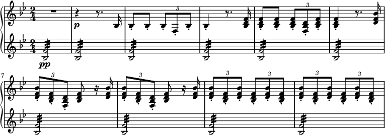 
{ \new PianoStaff <<
\new Staff \relative bes { \set Staff.midiInstrument = #"piano" \key bes \major \clef treble \time 2/4 \set Score.tempoHideNote = ##t \tempo 4 = 126
 R2 | % 2
 r4 \p r8. bes16 | % 3
 bes8 -. bes8 -. \once \override TupletBracket #'stencil = ##f
 \times 2/3 {
  bes8 -. f8 -. bes8 -.
 }
 | % 4
 bes4 -. r8. <bes d f>16 | % 5
 <bes d f>8 -. <bes d f>8 -. \once \override TupletBracket #'stencil
 = ##f
 \times 2/3 {
  <bes d f>8 -. <f bes d>8 -. <bes d f>8 -.
 }
 | % 6
 <bes d f>4 -. r8. <d f bes>16 | % 7
 \once \override TupletBracket #'stencil = ##f
 \times 2/3 {
  <d f bes>8 -. <bes d f>8 -. <f bes d>8 -.
 }
 <bes d f>8 r16 <d f bes>16 | % 8
 \once \override TupletBracket #'stencil = ##f
 \times 2/3 {
  <d f bes>8 -. <bes d f>8 -. <f bes d>8 -.
 }
 <bes d f>8 r16 <d f bes>16 | % 9
 \once \override TupletBracket #'stencil = ##f
 \times 2/3 {
  <d f bes>8 -. <bes d f>8 -. <d f bes>8 -.
 }
 \once \override TupletBracket #'stencil = ##f
 \times 2/3 {
  <bes d f>8 -. <d f bes>8 -. <bes d f>8 -.
 }
 |
 \once \override TupletBracket #'stencil = ##f
 \times 2/3 {
  <d f bes>8 -. <bes d f>8 -. <d f bes>8 -.
 }
 \once \override TupletBracket #'stencil = ##f
 \times 2/3 {
  <bes d f>8 -. <d f bes>8 -. <bes d f>8 -.
 }
 }
\new Staff \relative bes { \set Staff.midiInstrument = #"piano" \key bes \major \clef treble \time 2/4
 <bes f'>2 \pp :32| % 2
 <bes f'>2 :32 | % 3
 <bes f'>2 :32 | % 4
 <bes f'>2 :32 | % 5
 <bes f'>2 :32 | % 6
 <bes f'>2 :32 | % 7
 <bes f'>2 :32 | % 8
 <bes f'>2 :32 | % 9
 <bes f'>2 :32 | \barNumberCheck #10
 <bes f'>2 :32 }
>> }
