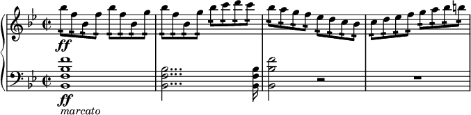 
{ \new PianoStaff <<
\new Staff \relative bes'' { \set Staff.midiInstrument = #"piano" \key bes \major \clef treble \time 2/2 \set Score.tempoHideNote = ##t \tempo 2 = 60
 bes8 \ff :16 f8 :16 bes,8 :16 f'8 :16 bes8
 :16 f8 :16 bes,8 :16 g'8 :16 | % 2
 bes8 :16 f8 :16 bes,8 :16 g'8 :16 bes8 :16 c8 :16 d8 :16 c8 :16 | % 3
 bes8 :16 a8 :16 g8 :16 f8 :16 es8 :16 d8 :16 c8 :16 bes8 :16 | % 4
 c8 :16 d8 :16 es8 :16 f8 :16 g8 :16 a8 :16 bes8 :16 b8 :16 \!
 }
\new Staff \relative bes, { \set Staff.midiInstrument = #"piano" \key bes \major \clef bass \time 2/2
 <bes f' bes f'>1 \ff _\markup{ \italic {marcato} } | % 2
 <bes f' bes>2... <bes f' bes>16 | % 3
 <bes bes' f'>2 r2 | % 4
 R1 }
>> }
