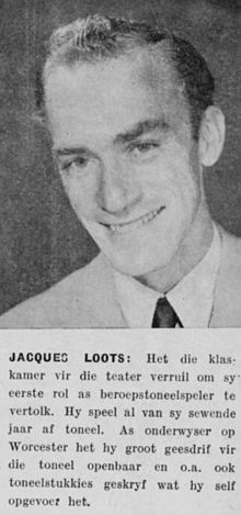 Jacques Loots se foto en beskrywing in die program van die NTO-produksie van Die Vrek van `1951.