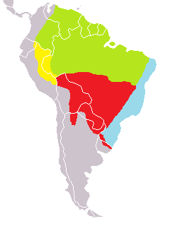 Área e distribución de Tamandua tetradactyla. Verde: Tamandua tetradactyla nigra Amarelo: Tamandua tetradactyla quichua Vermello: Tamandua tetradactyla straminea Azul: Tamandua tetradactyla tetradactyla