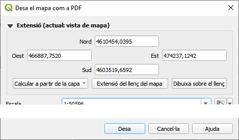 Escollint del menú principal "Projecte|Importa/exporta|Exporta mapa a PDF..." seleccioneu l'àrea que us interessi, ja sigui l'emmarcada en la finestra o ja sigui (la recomanable) la selecció manual d'un rectangle dinàmic. En tots el casos anoteu l'extensió ("Oest","Nord" i "Est","Sud") de l'àrea seleccionada per tal de poder anotar les coordenades geogràfiques utilitzant la calculadora geodèsica (com s'ha mostrat més amunt).