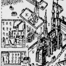 Riddartorget och skolbyggnaden innan stadsbranden 1702.