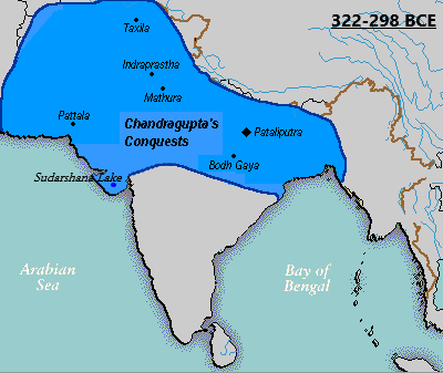 चंद्रगुप्त का साम्राज्य नंद साम्राज्य को कब्जा करने , सौराष्ट्र में सुदर्शन झील निर्माण और सेल्युकस से चार प्रांत (गेडरोशिया , अराकोसिया, आरिया (हेरात), और परोपमिसादई) को जीतने के बाद