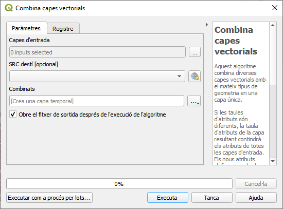 Clicant del menú principal "Vectorial|Eines de gestió de dades|Combina capes vestorials..." s'obre aquesta finestra.