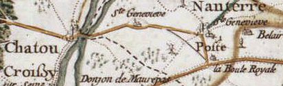 Carte de Cassini, centrée sur Nanterre et la Place de la Boule-Royale en 1756. Un relais de poste y figure.