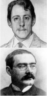 Dua buah foto dari dua orang pria, atas dan bawah. Atas: pria berkumis tipis segaris melihat ke kamera; bawah: pria berkumis besar berkacamata