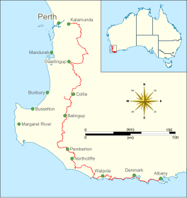 Location map of the Bibbulmun Track in Western Australia