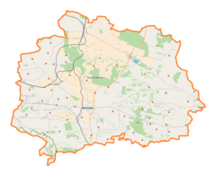 Mapa konturowa powiatu miechowskiego, w centrum znajduje się punkt z opisem „Widnica”