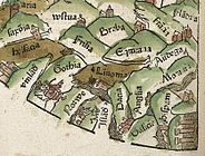 Detalle do mapa recollido no Rudimentum Novitorum de Lucas Brandis, onde se aprecía o nome de Galicia entre outras entidades como Hispani ou Anglia entre outros. Ano 1475.
