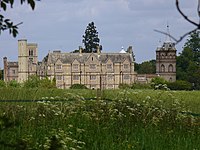 The rear frontage of the house - the central block is by Barry, the towers Lovelace's additions