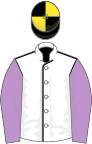 White, black seams, mauve sleeves, black and yellow quartered cap