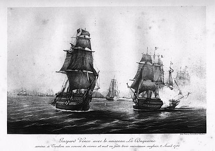 Gaspard Vence avec le vaisseau le Duquesne amène à Toulon un convoi de vivres et met en fuite trois vaisseaux britanniques, le 2 avril 1794.