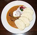 Image 73Svíčková na smetaně (Marinated tenderloin), served here with dumplings and cream (from Czech cuisine)