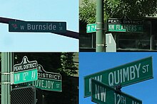Photographs of the signs for Burnside St, NW Flanders St, Lovejoy St, NW Quimby St.
