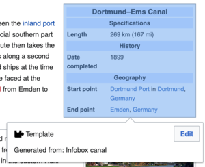 Screenshot of the VisualEditor interface with a template selected