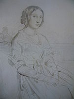 Dessin d'une jeune femme assise. Papier bleu. Daté Rome 1841 à droite.