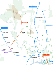 Map showing the Melbourne Airport Rail link route.