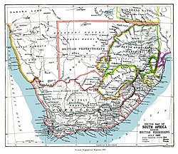 Peta tahun 1885 yang menunjukkan Protektorat Bechuanaland sebelum pendirian koloni mahkota Bechuanaland Britania dan penandatanganan Traktat Heligoland–Zanzibar.