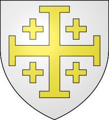 A coat of arms with a white background with a large yellow cross and a smaller yellow cross in each quadrant.