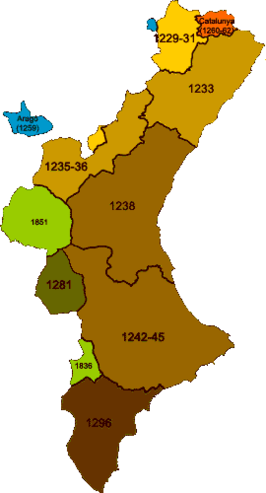 Christelijke verovering van de taifa Valencia; let op de latere 19e-eeuwse toevoegingen die niet tot het historische Koninkrijk behoren(in groen), let eveneens op de Biar-Busotlinie de zuidgrens tot 1296