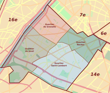 De fyra administrativa distrikten i Paris femtonde arrondissement.