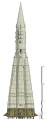 Schematische Dar­stellung der Sputnik-Rakete R-7 mit ke­gelförmigen Raketen