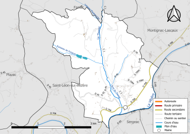 Carte en couleur présentant le réseau hydrographique de la commune