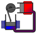 1. Le gaz de travail, chauffé au contact des parois du cylindre chaud, tend à occuper plus de place et repousse le piston chaud au fond de sa course (vers la gauche). Lorsqu'il est arrivé en butée, l'expansion du gaz se poursuit en direction du cylindre froid et repousse le piston froid (vers le haut). Ces mouvements sont transmis à la roue.