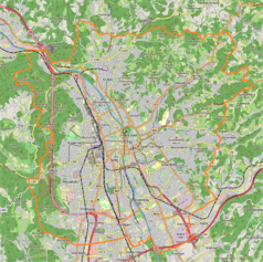 Mapa konturowa Grazu, w centrum znajduje się punkt z opisem „Katedra św. Idziego w Grazu”