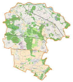 Mapa konturowa gminy Miękinia, u góry nieco na lewo znajduje się punkt z opisem „Księginice”